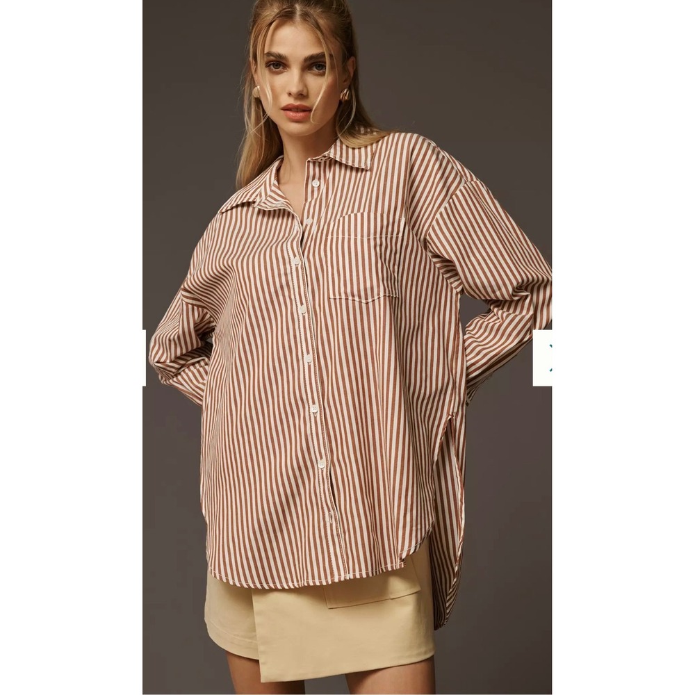 Maeve Anthropologie Brown White Striped Cotton Oversized Button Down Shirt 2X
